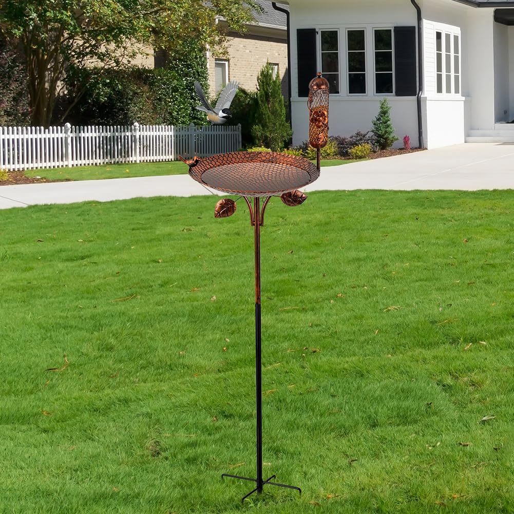 dreamysoul Metal Bird Baths for Outside, 46 Inches Tall Freestanding Birdbaths with Birdfeeder, 5-Pronged Bird Bath for Outdoors Garden Yard Patio Decor
