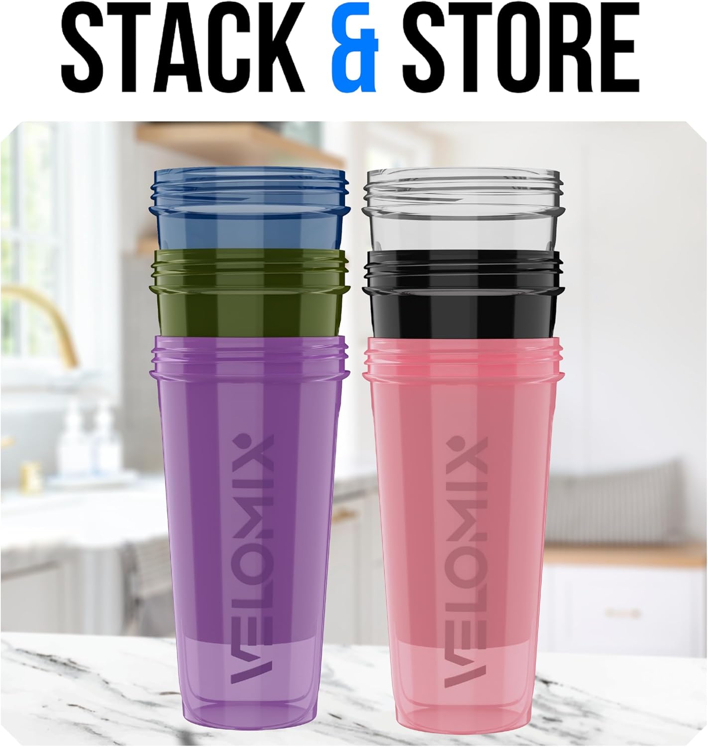VELOMIX -6 PACK- 28 oz Protein Shaker Bottle for Protein Mixes -6x Wir