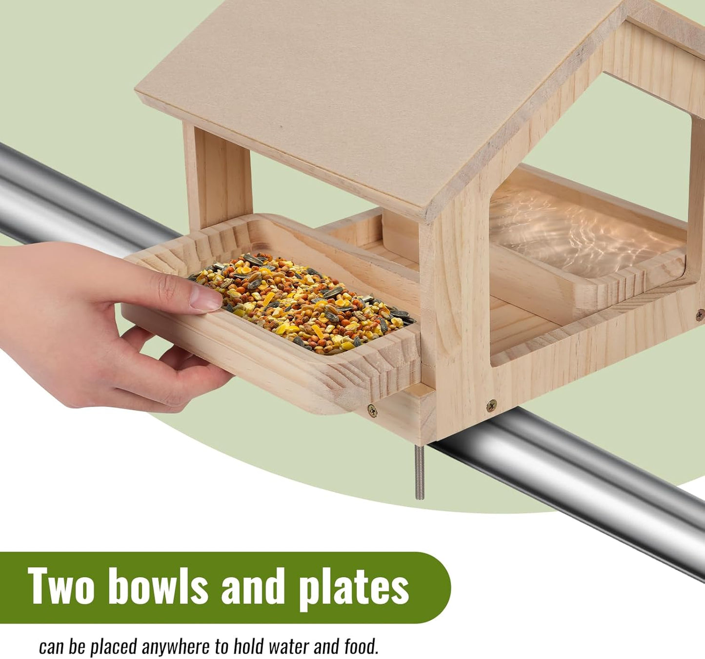 Wooden Bird Feeder with 2 Trays Metal Bracket Railing Mount Balcony Birdfeeder Large Capacity Weatherproof Platform Wild Bird Feeding House for Cardinals Finches Garden Yard Decoration