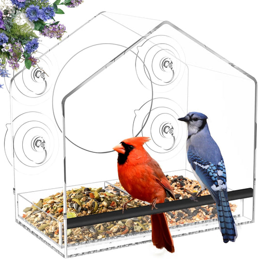 Window Bird Feeder with 4 Extra Strong 2.36" Suction Cups - 4.4" Extra Deep Tray for Large Capacity, Clear Acrylic Bird Feeder for Outdoors, Removable Tray with Drain Holes, Gift for Parents