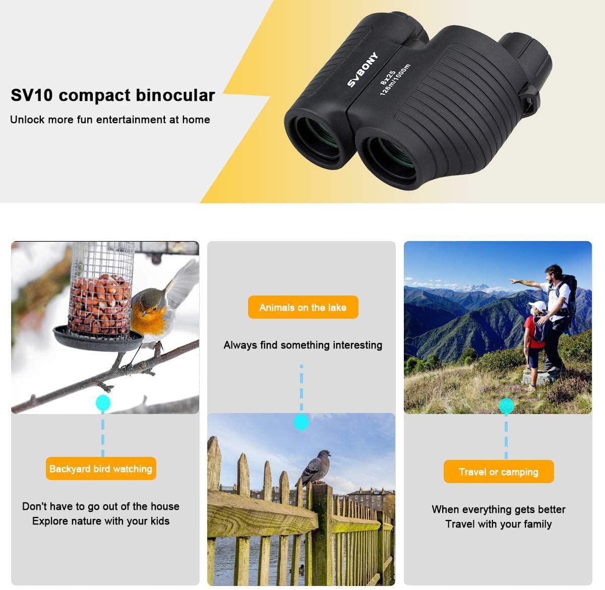 SVBONY SV10 8x25 High Powered Binoculars for Adults, FMC Coating,Fixed Focus Compact Mini Pocket Binoculars for Travel Hiking Scenery Outdoor Camping