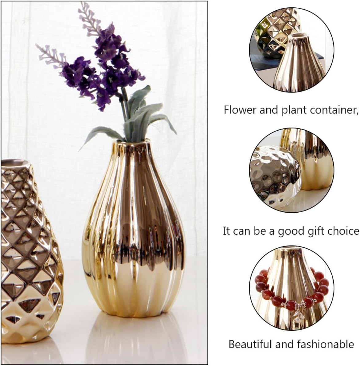 Gold Ceramic Vase Vintage Flower Planter Unique Desktop Plant Containe