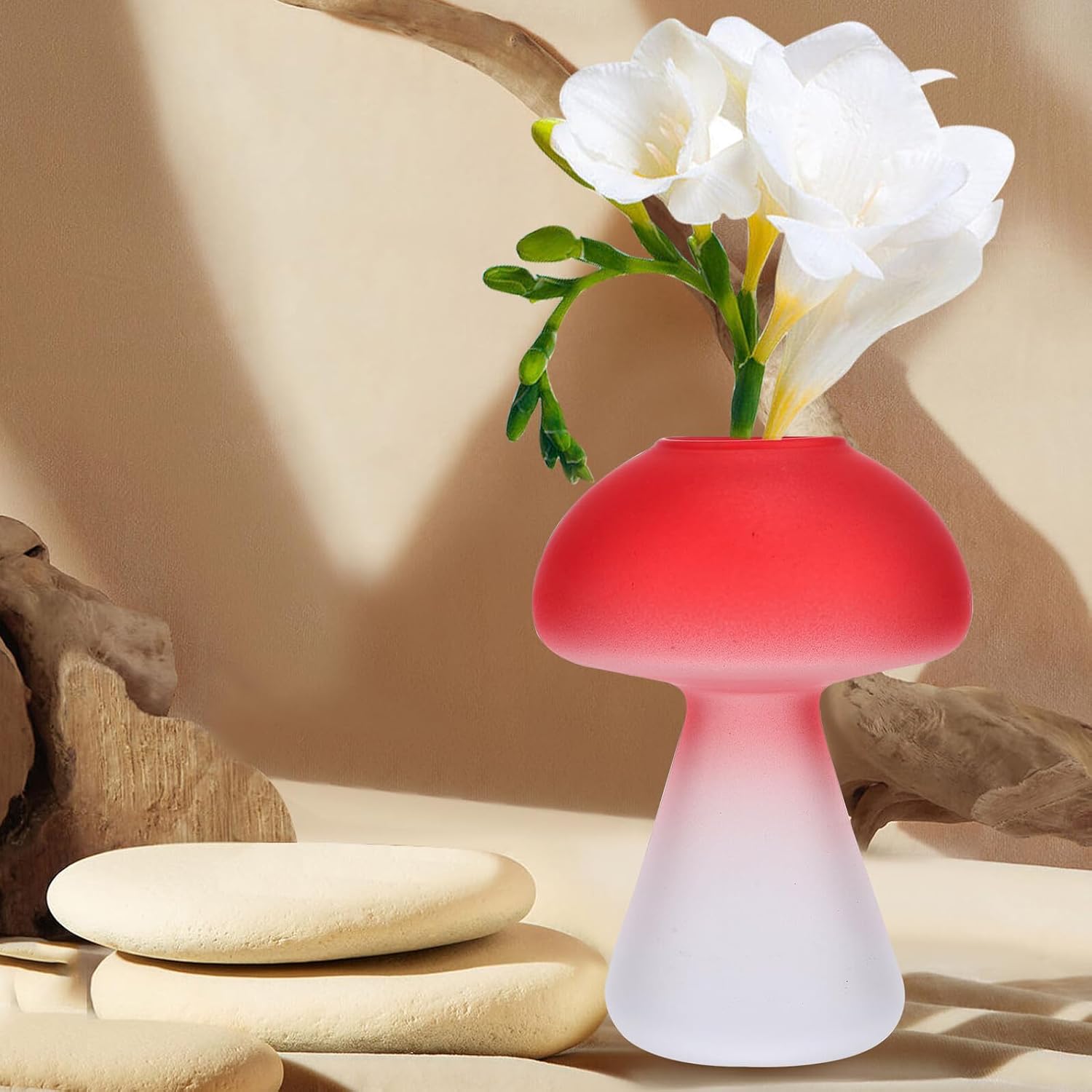 Mushroom Shaped Glass Vase Desktop Hydroponic Flower Pot Red Glass Ter
