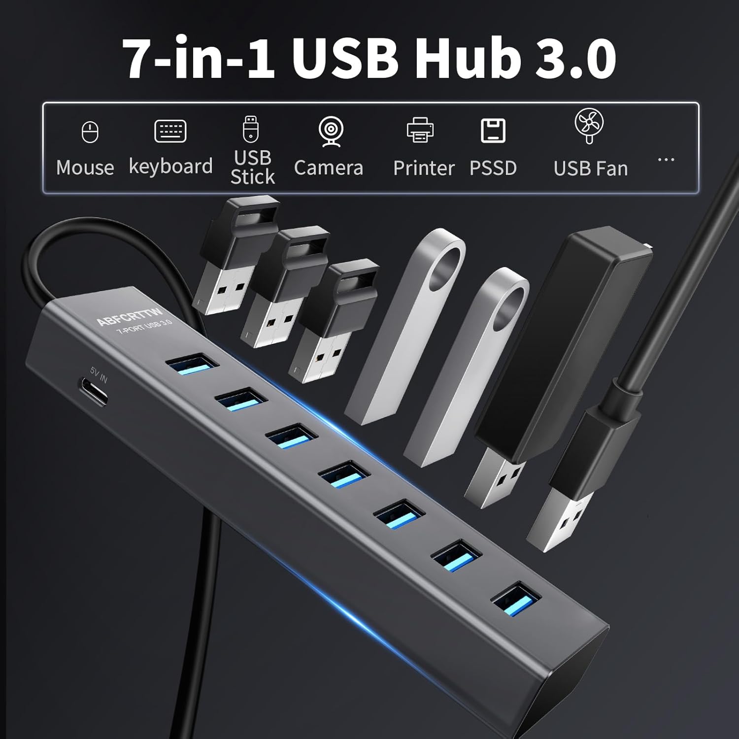 4Ft 7-Port USB 3.0 Hub for Desktop - Aluminium USB Extender Hub 5Gbps,
