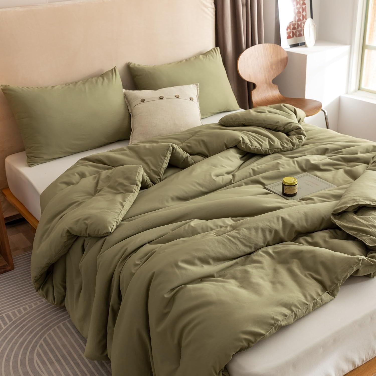 ROSGONIA Queen Comforter Set Olive Green, 3pcs Bedding Sets Queen (1 B