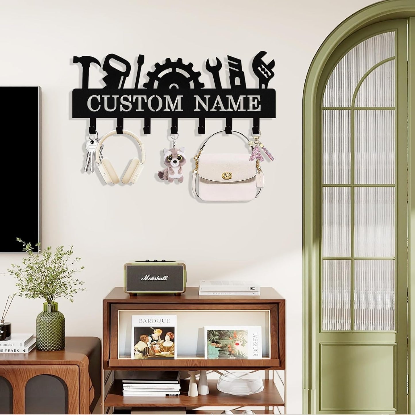 Personalized Tools Key Holder Wall Mount, Custom Metal Keys Hanger for Wall with Name, Custom Key Rack Holder with Hooks for Home, Entryway, Front Door, Living Room, Kitchen, Bathroom, Garden