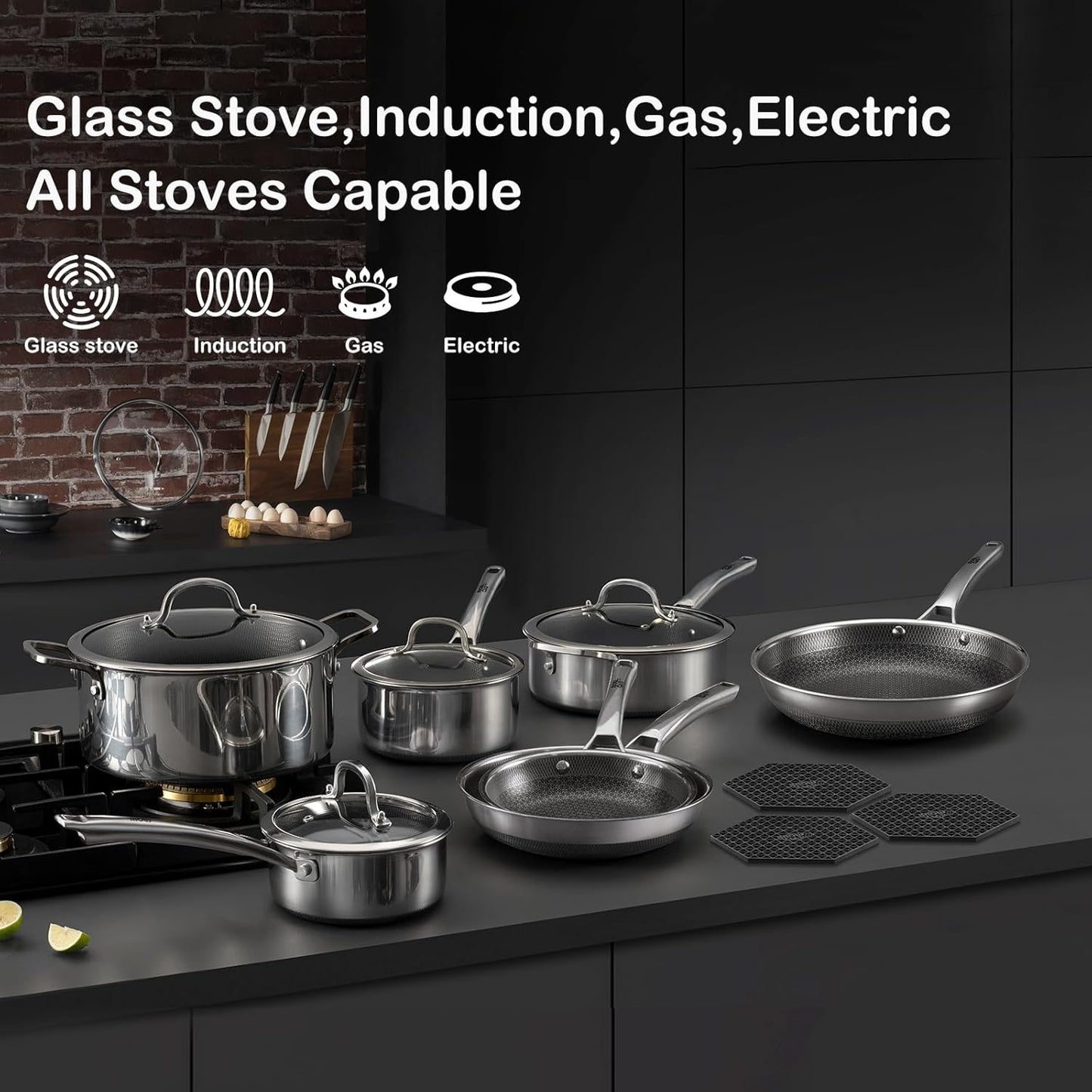Pots and Pans Set Non Stick, 14 Pcs Hybrid Stainless Steel Cookware Se
