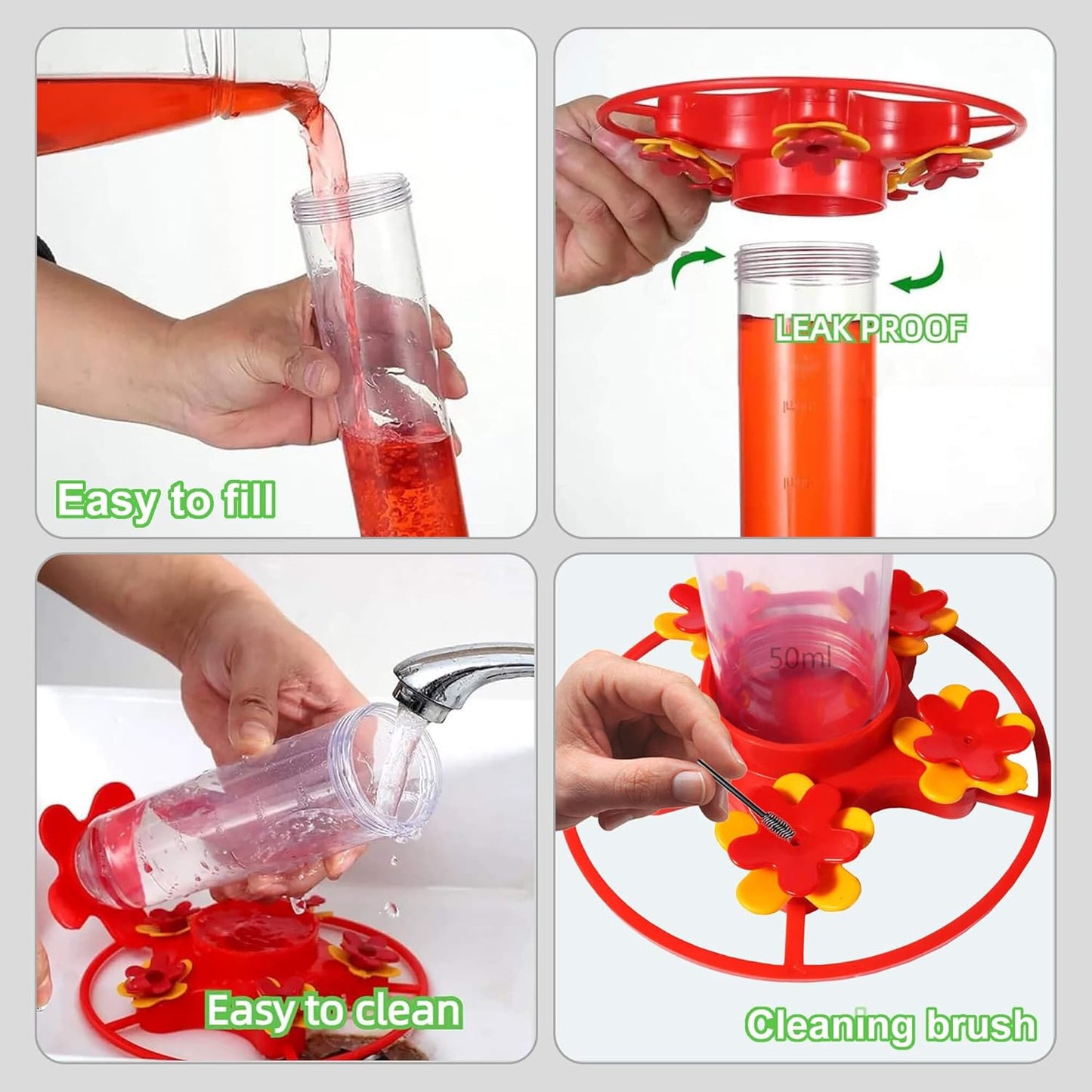 [Patent #1060866S] Hummingbird Feeder 12 oz, 5 Feeding Ports Plastic Humming Feeders for Outdoors Hanging, Upgraded Anti-Fall Hook, Ant Moat, Leak-Proof, Easy to Clean (2 Pack)