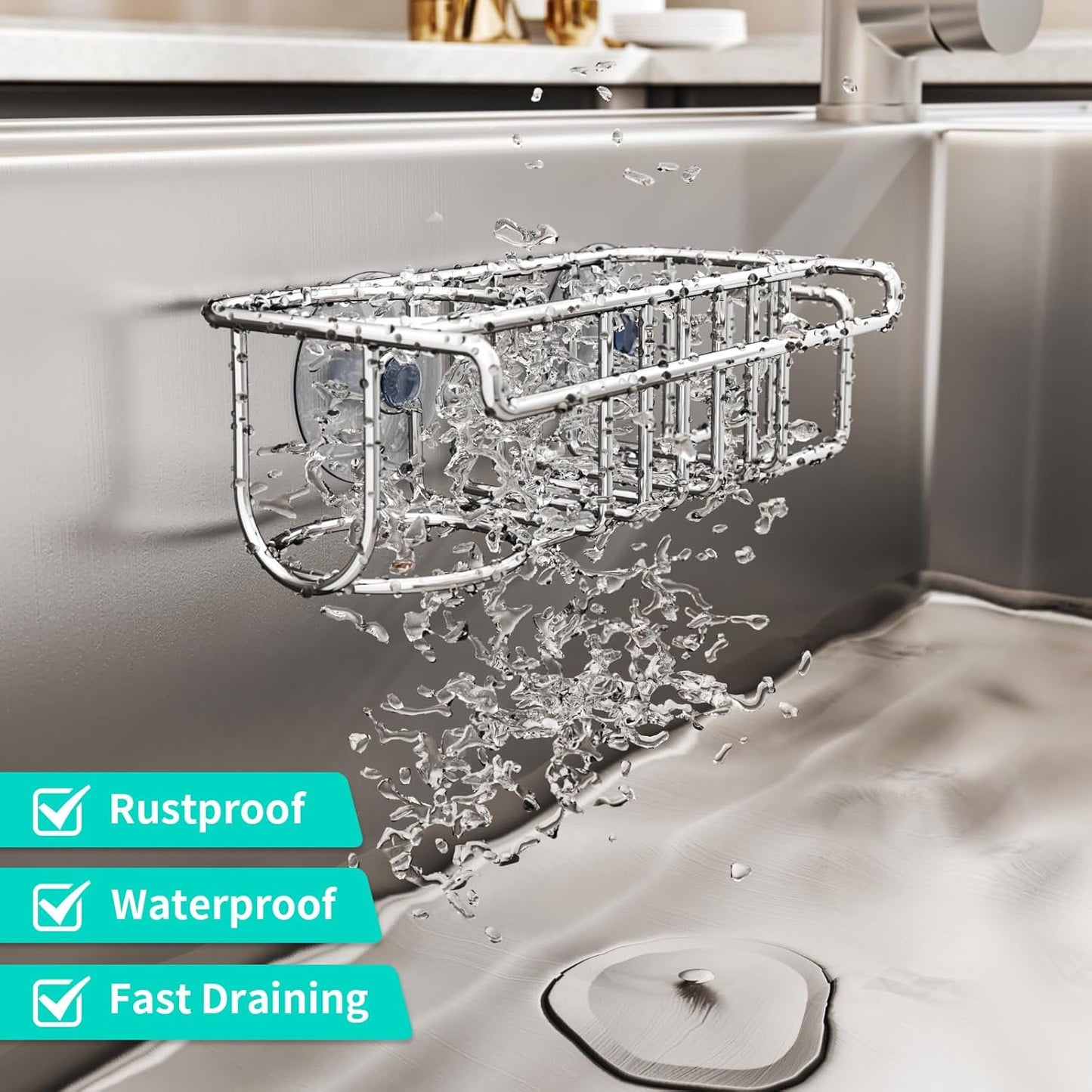 HapiRm 4 in 1 Sink Caddy Sponge Holder, SUS304 Stainless Steel Kitchen Brush Holder + Dish Cloth Hanger + Soap Rack + Sink Stopper Rack + Sponge Caddy for Kitchen - Silver