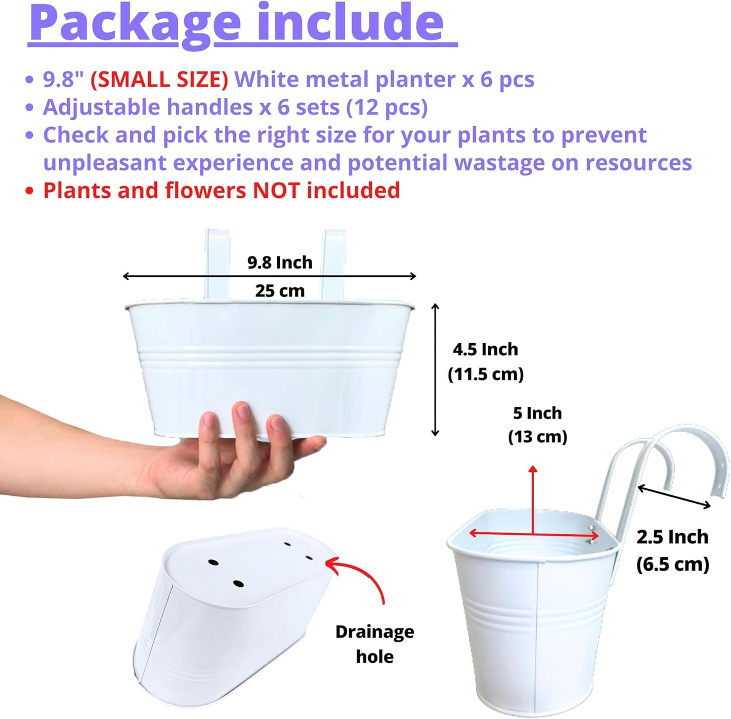LaLaGreen Outdoor Rail Planter (6 Pack, 9.8 Inch) Small and Cute White Metal Iron Hanging Flower Pots Deck Railings Fence Buckets Countryside Style Wall Mount Window Box Plant Holder Hooks Porch Decor
