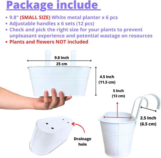 LaLaGreen Outdoor Rail Planter (6 Pack, 9.8 Inch) Small and Cute White Metal Iron Hanging Flower Pots Deck Railings Fence Buckets Countryside Style Wall Mount Window Box Plant Holder Hooks Porch Decor