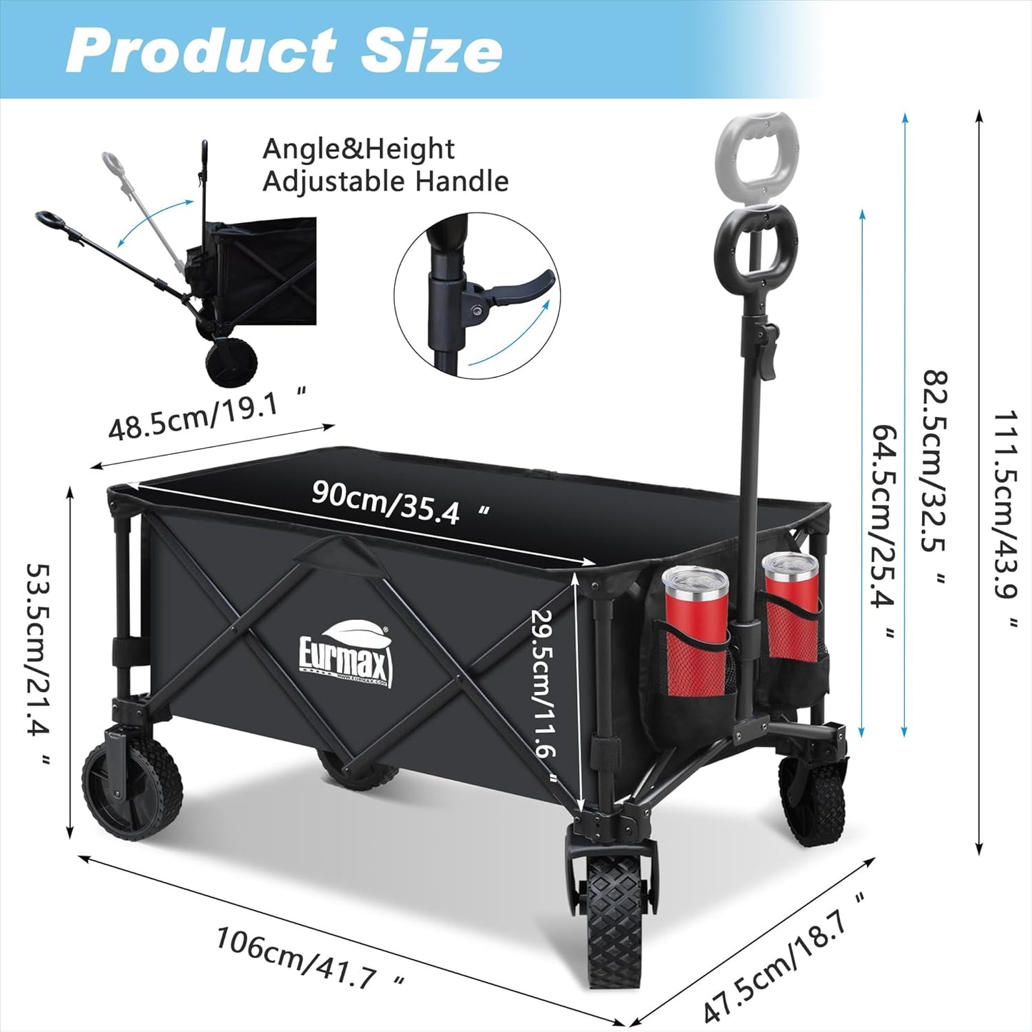 Eurmax USA Collapsible Outdoor Folding Wagon Cart All-Terrain Utility Wagon Heavy Duty Camping Patio Shopping Garden Sporting Wagon Cart with Side Bag & Cup Holder