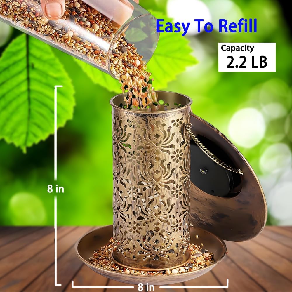 Solar Bird Feeder for Outdoors Hanging,Waterproof Metal Wild Bird Feeder for Finch,Cardinal,Blue Jay Solar Garden Lanterns with S Hook as Gift for Women Mom,Bird Lovers (Large Feeders)