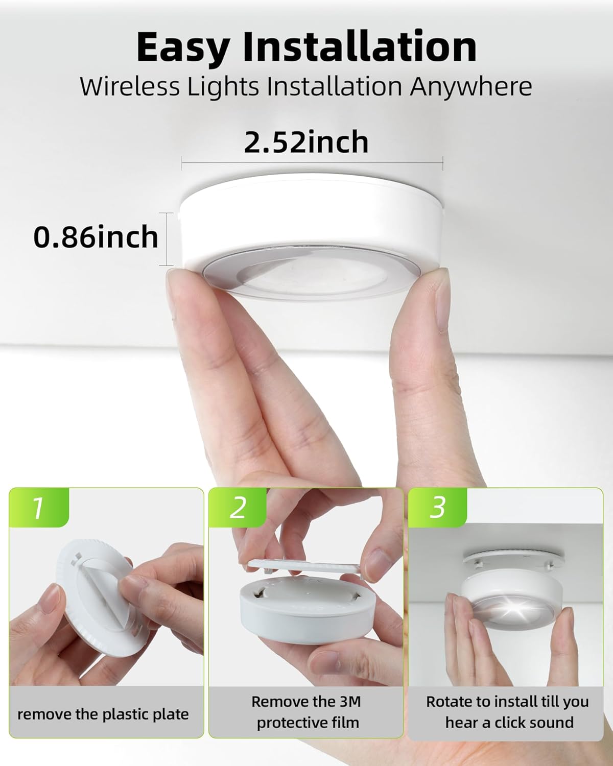 EZVALO LED Puck Lights, Rechargeable Battery Touch Light, 2.5'' Mini Tap Lights, Wireless Closet Light, Under Cabinet Lighting, 3 Color Temps, Sitck On Lights for Kitchen,Closet,Pantry,Shelves(2 Pack)