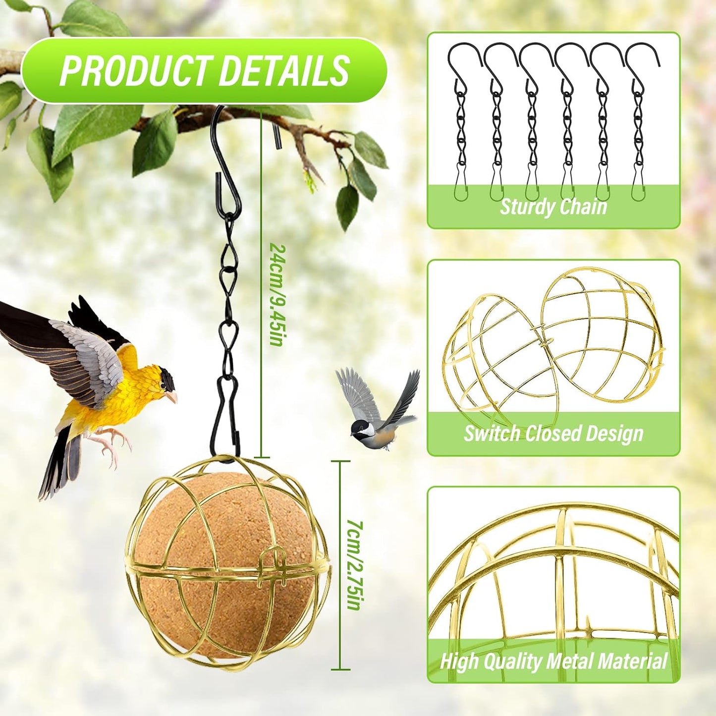 Bird Suet Ball Feeders, 6pcs Metal Hanging Bird Feeder with Hooks, Bal