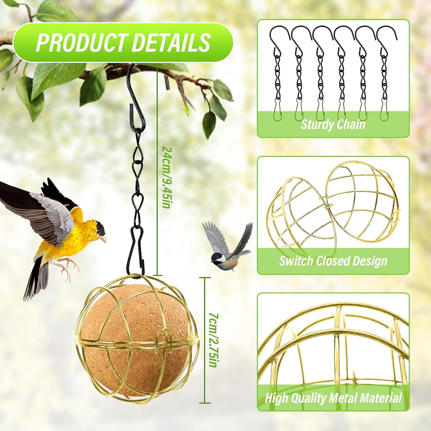 Bird Suet Ball Feeders, 6pcs Metal Hanging Bird Feeder with Hooks, Bal