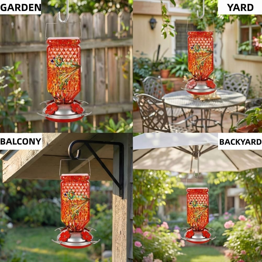 Hand Blown Glass Hummingbird Feeder for Outdoors Hanging Square Chaning Color 38 OZ Humming Birds Feeders with Accessories Gift for Women Mom (Red)