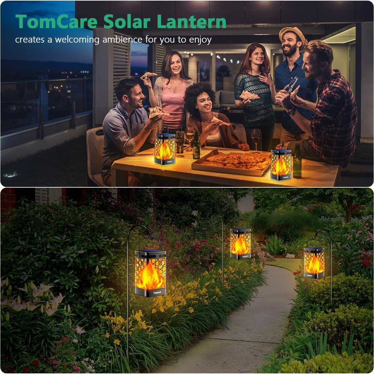 TomCare Solar Lanterns Outdoor Upgraded Flickering Flame Waterproof Ha