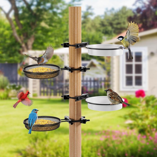 2 Pack Bird Feeder for Railing Pole, Bird Bath Feeding Station Kit with Water Bowl & Mesh Food Tray, Birdbaths & Birdfeeder Installed on Fences, Trees, Deck, Indoor and Outdoor
