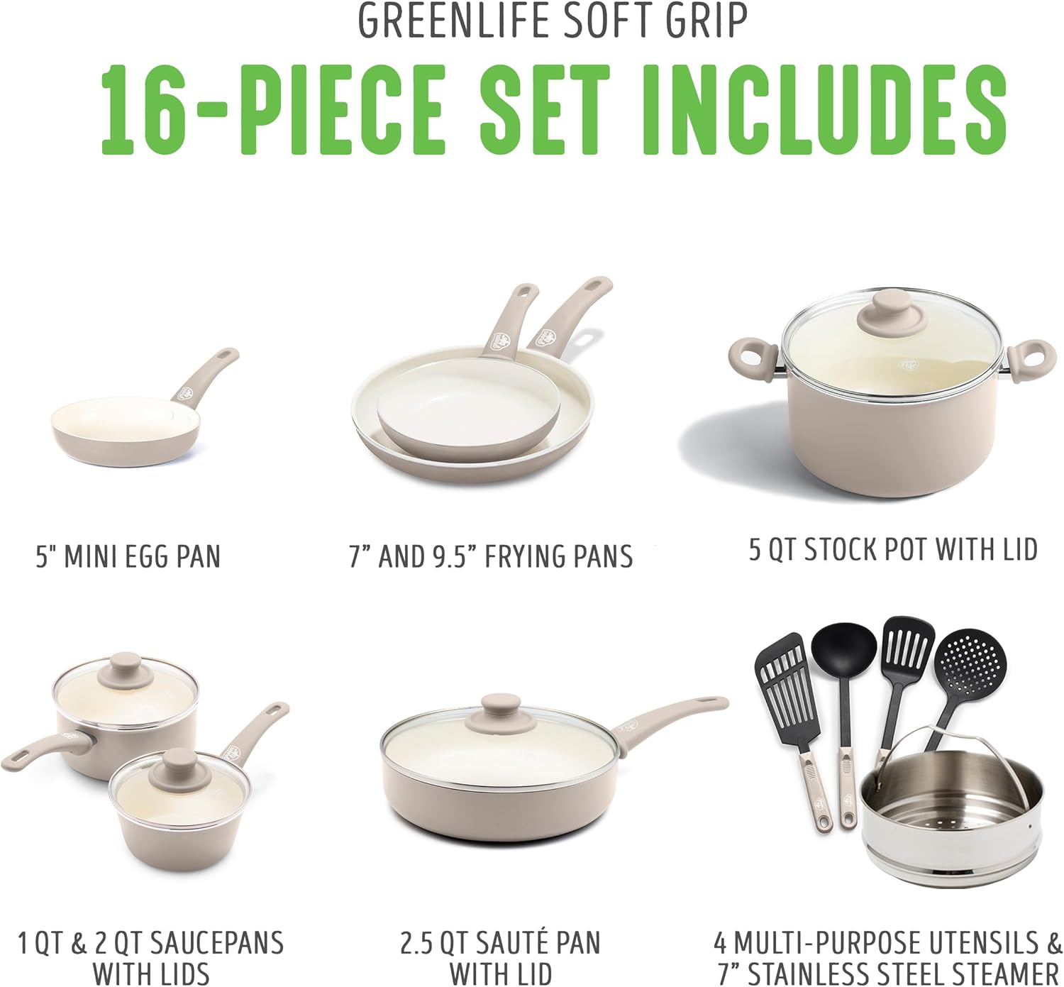 GreenLife 16 Piece Nonstick Cookware Set, Soft Grip Non-Toxic PFAS-Fre