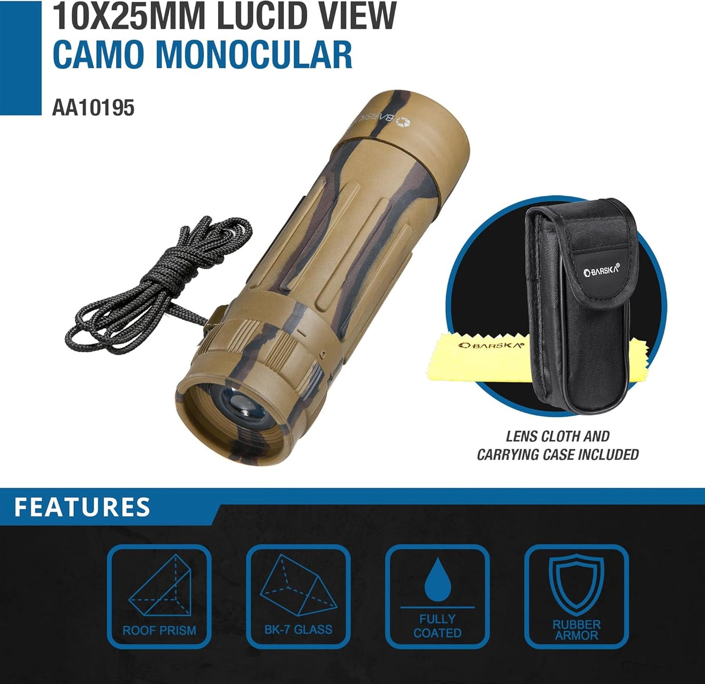 Barska 10x25 Lucid View Monocular – Compact Lightweight 10x Magnification with Fully Coated Optics, BK7 Roof Prism, Slip-Resistant Rubber Armor, Ideal for Travel, Hiking, Bird Watching
