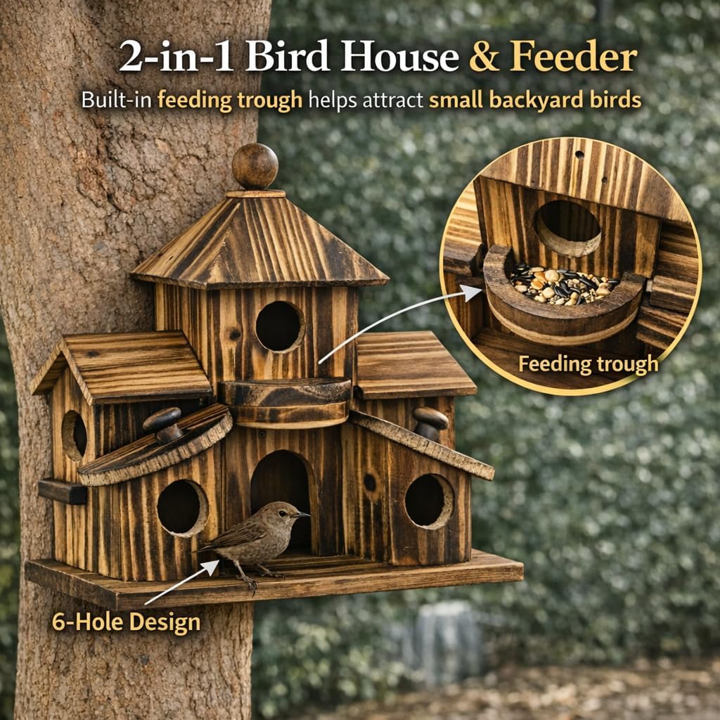 Bird House for Outside, Wooden 6 Hole Bird House Room for Multiple Birds, Decorative Hanging Birdhouse Nesting Box for Garden, Bird Hotel for Wren Chickadee Sparrow
