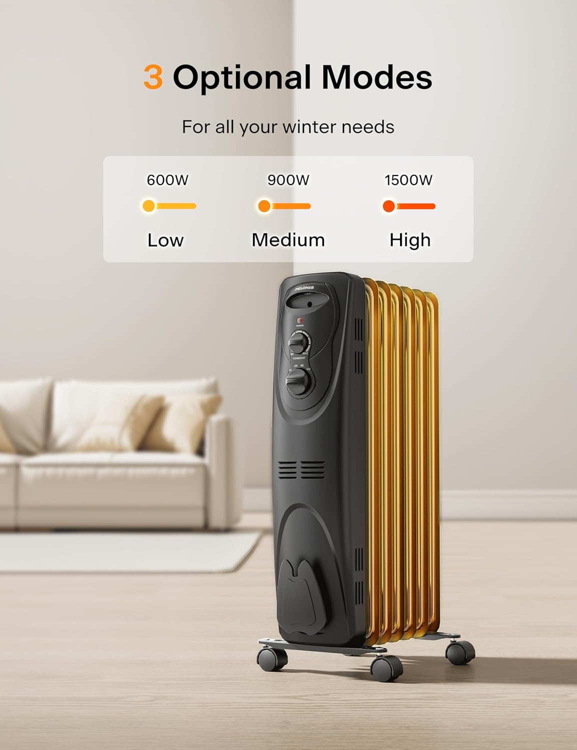 PELONIS Radiator Heater for Large Space, Electric Oil Filled Radiator, Dual Knobs, 1500W, Quiet Space Heater, 3 Modes, Tip-over Protection