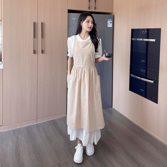 Pinafore Apron Dress，Japanese Cotton Linen Cross Back Apron for Women 