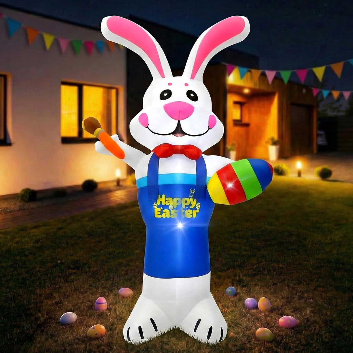 8 FT Easter Inflatable Bunny Painting Eggs Decoration, Giant Blow Up Rabbit with LED Lights, Outdoor Inflatables Yard Decor with Stakes for Lawn Garden Spring Holiday Party