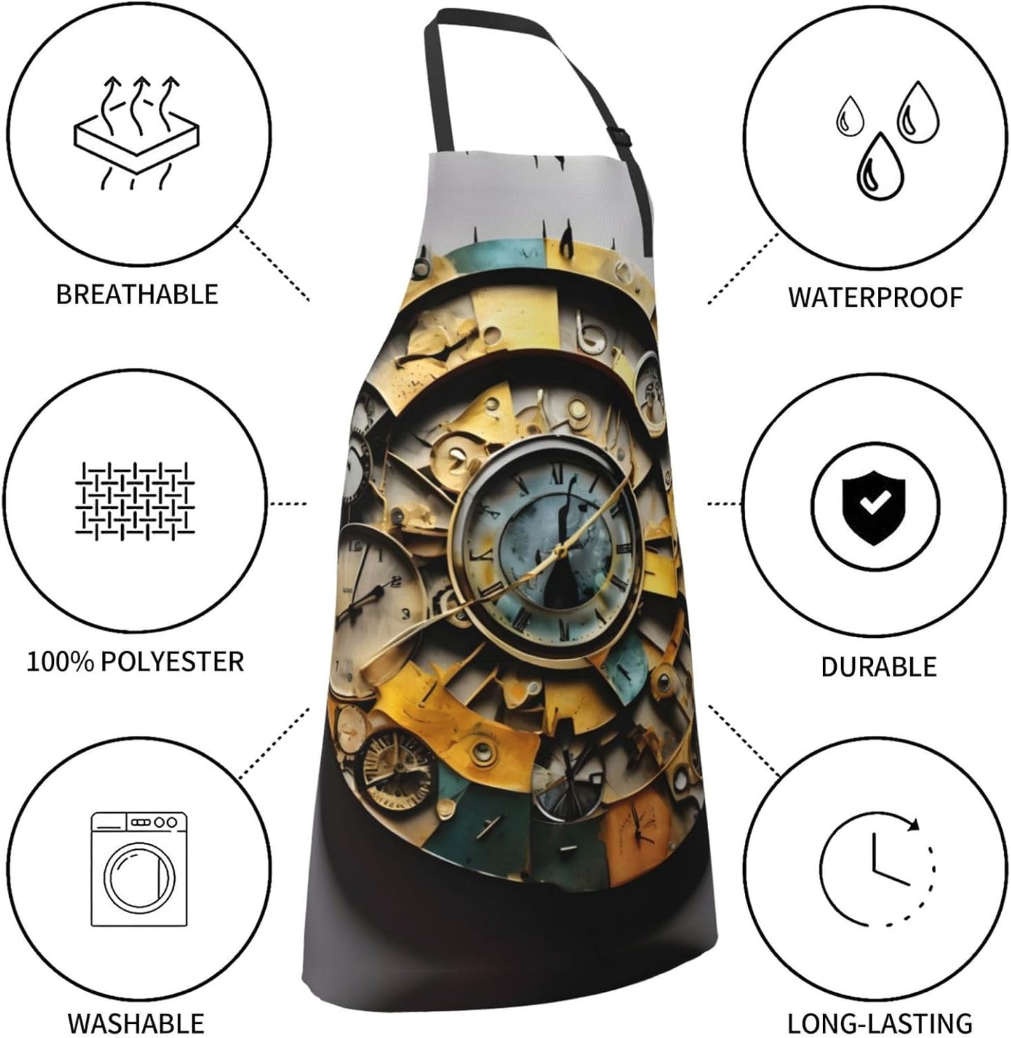 Clock Art Print Laundry apron 28x33 In Waterproof Kitchen Apron with P