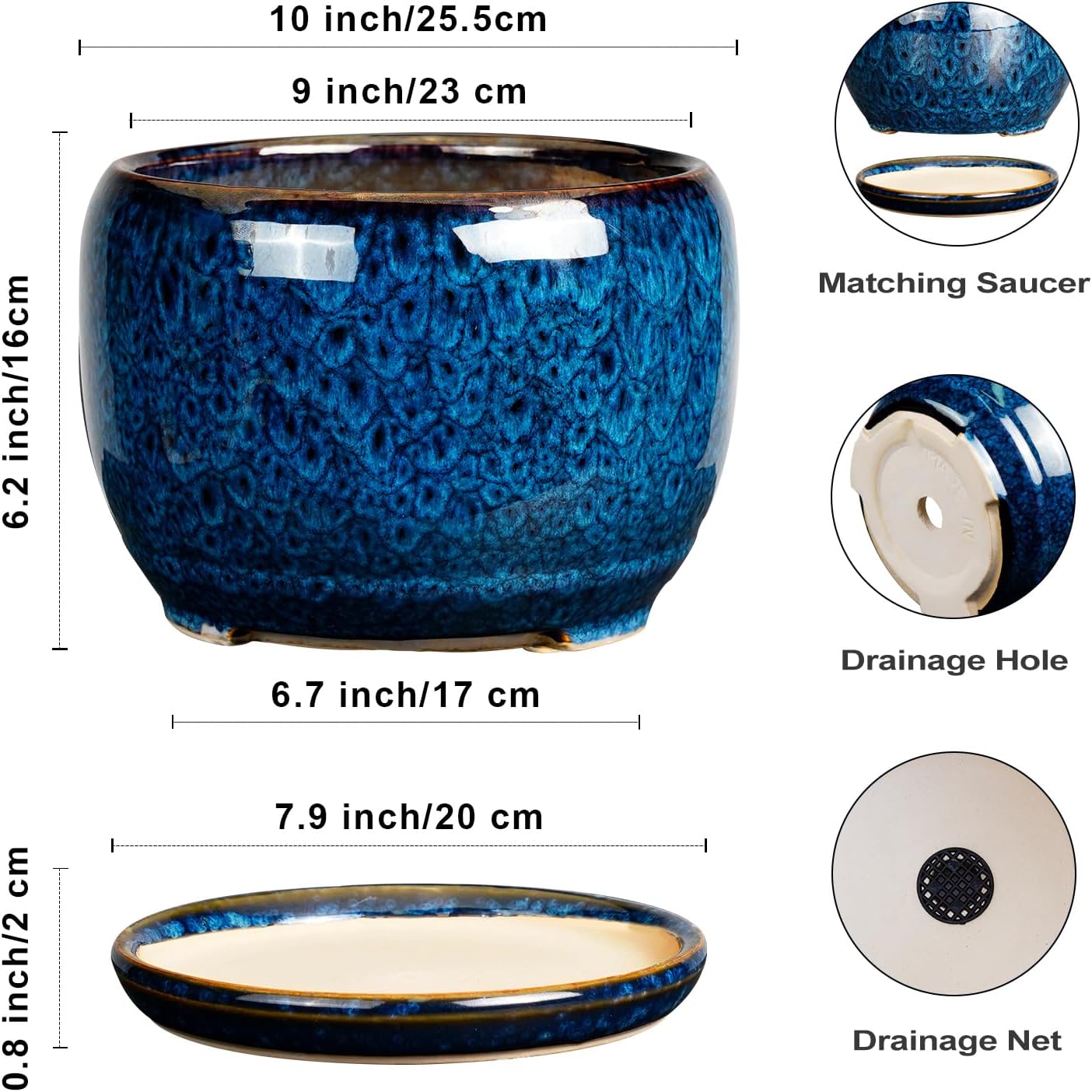 SQOWL 10 Inch Plant Pot - Ceramic Planter Pot with Drainage Hole and S