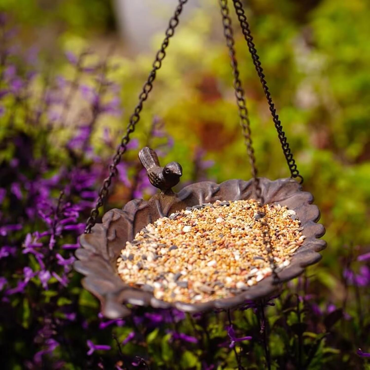 Hanging Bird Bath Feeder, Metal Hanging Bird Feeder Leaf Design, Rust 