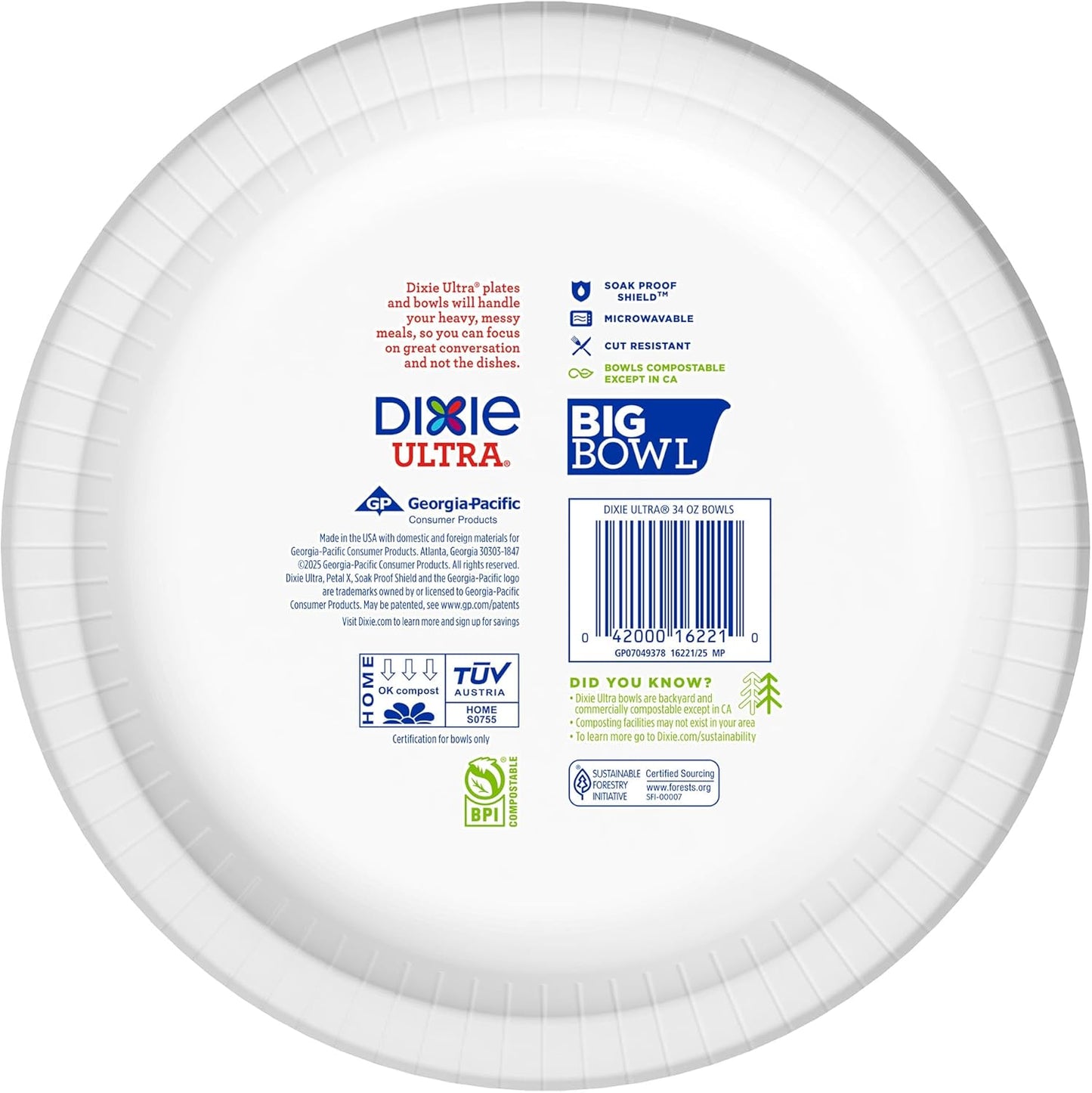 Dixie Ultra Extra Large Paper Bowls, 34 oz, 34 Count, Compostable, Mic