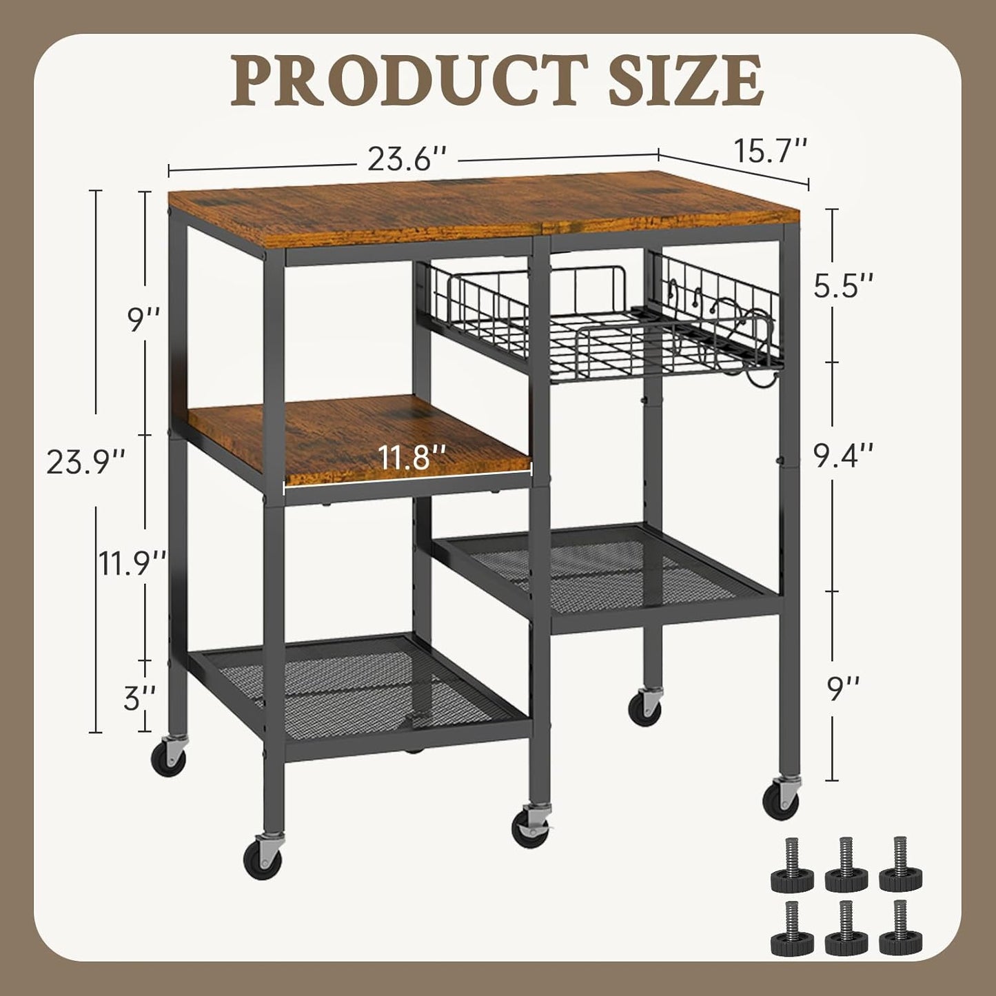 Hadulcet 4-Tier Adjustable Microwave Stand with Storage on Wheels - Rolling Kitchen Cart & Mobile Coffee Bar, Standing Baker's Rack for Kitchen Island, Office, Living Room