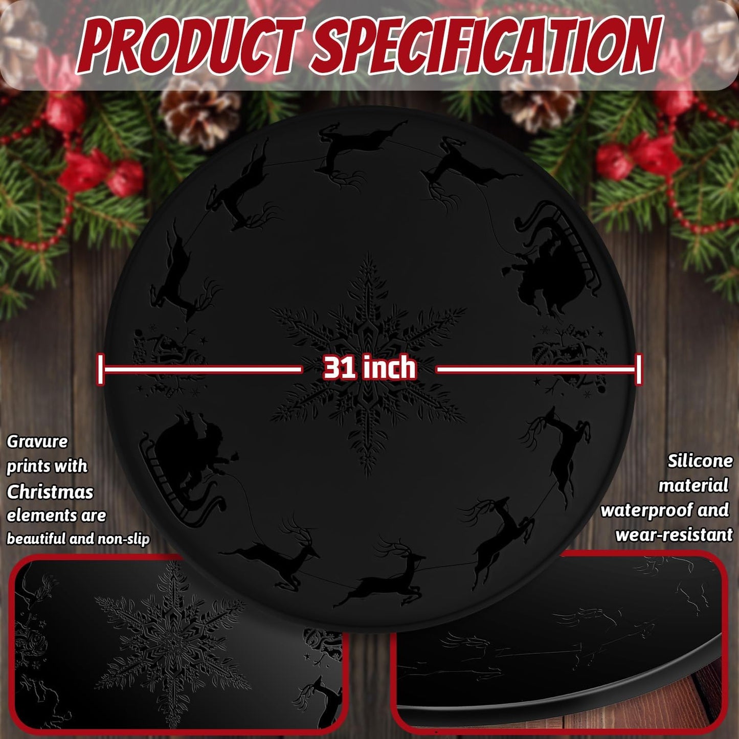 LURKA 31 Inch Christmas Tree Stands Mat with Embossed Christmas Design, Heavy Duty Christmas Tree Floor Protector, Waterproof Under Tree Pad for Christmas Tree Stand, Christmas Tree Floor Mat （Black）