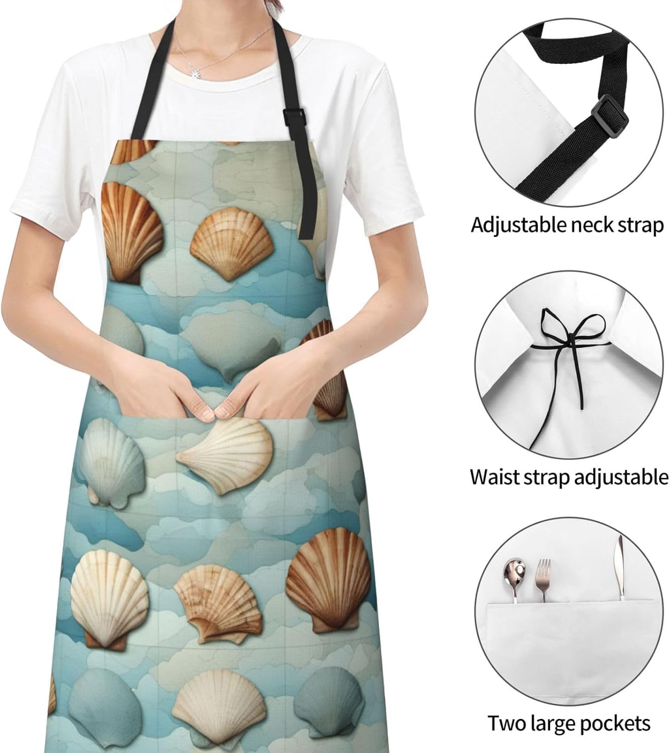 Sea Shell print Waterproof chef's apron with pocket apron for kitchen cooking baking barbecue and gardening
