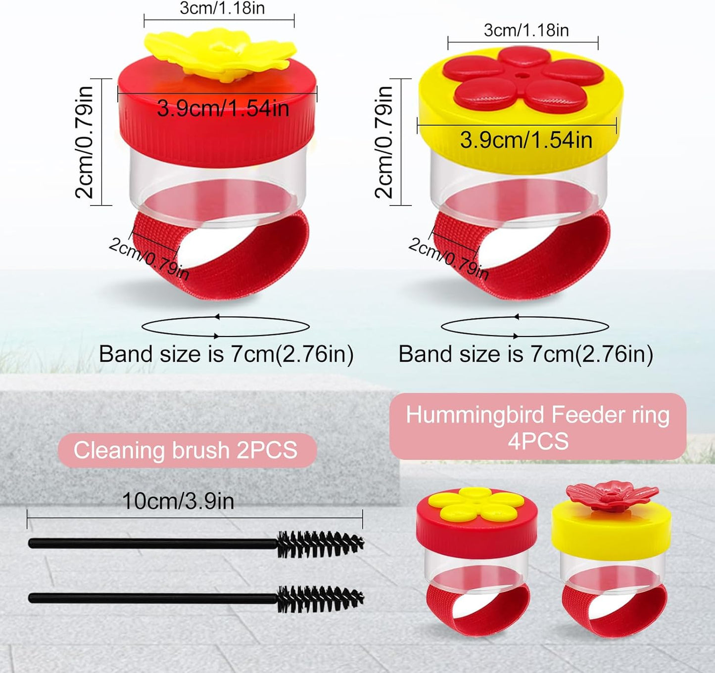 4 PCS Hummingbird Ring Feeder, Hand Hold Hummingbird Feeder with 2 Cleaning Brush and Stretchy Finger Ring Strap Mini Hand Feeding Tools for Outdoors (2 Red+2 Yellow)