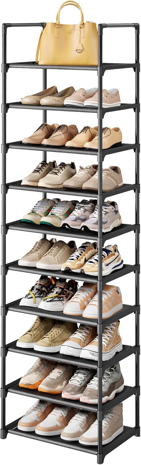 Kitsure Shoe Rack - 10-Tier Shoe Organizer with Detachable Fabric Shelves & Metal Frame, Tall Shoe Rack for Closet, Entrance, Living Room, 16.9" Wide - 10 Tier, Black