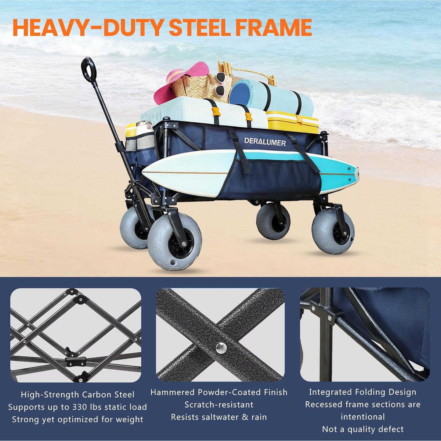 X900 Beach Wagon with 9×4" Big Balloon Wheels for Sand, 48" Heavy Duty Folding Wagon with Expandable Tailgate & Side Bag, Collapsible Utility Cart for Beach, Camping, Fishing (Navy Blue)