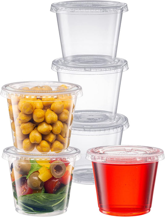 Pantry Value 5.5 oz Jello Shot Cups with Lids [100 Count] Clear Disposable Plastic Portion Containers for Snacks, Sides, Meal Prep & Sauces - Durable, Stackable, Leak-Resistant