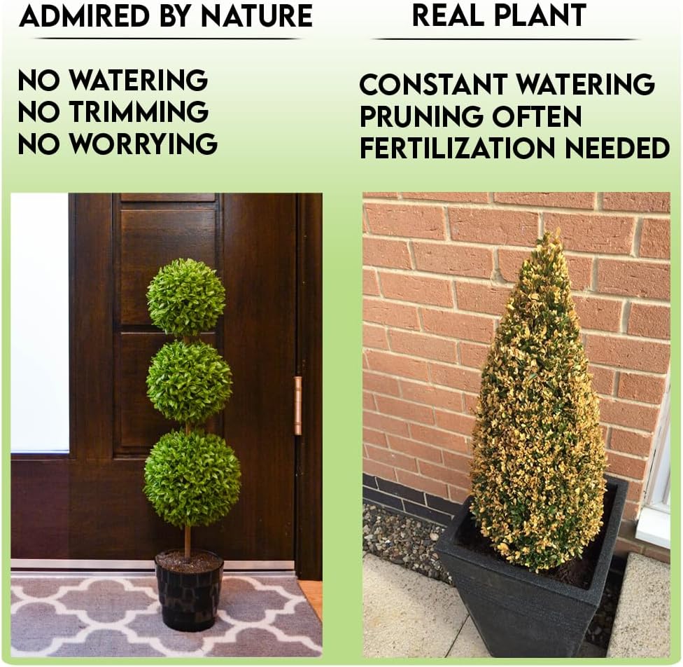 Admired by Nature 24 Inch Artificial Boxwood Topiary Plants - 3 Ball-Shape Faux Topiaries with Planters for Home Decor, Office Desk, Front Porch Indoor and Outdoor - Green with Black Pot, 1 Pack