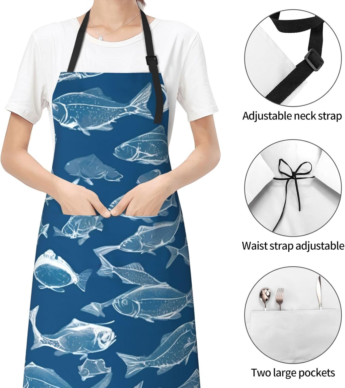 YANYU Ocean Fishes Print 28x33 In Kitchen Apron Stylish Chef Apron with Pockets for Cooking Baking Painting