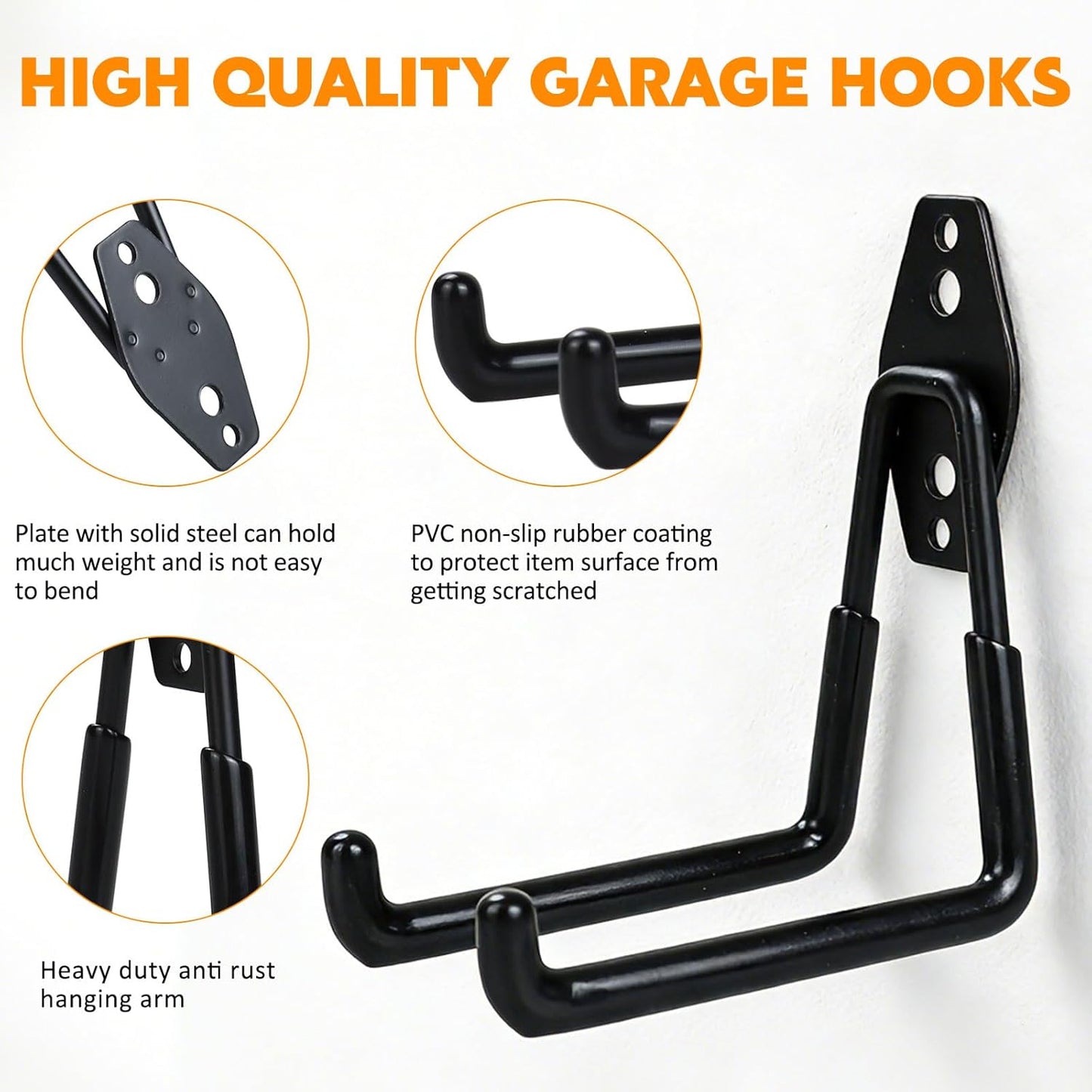 4 Pack Heavy Duty Garage Hooks, 5.1 inch U Shaped Long Hanger, Wall Mounted Storage System, for Power and Garden Tool Hanging, Ladders, Bikes, Hose, Bulk Items and More