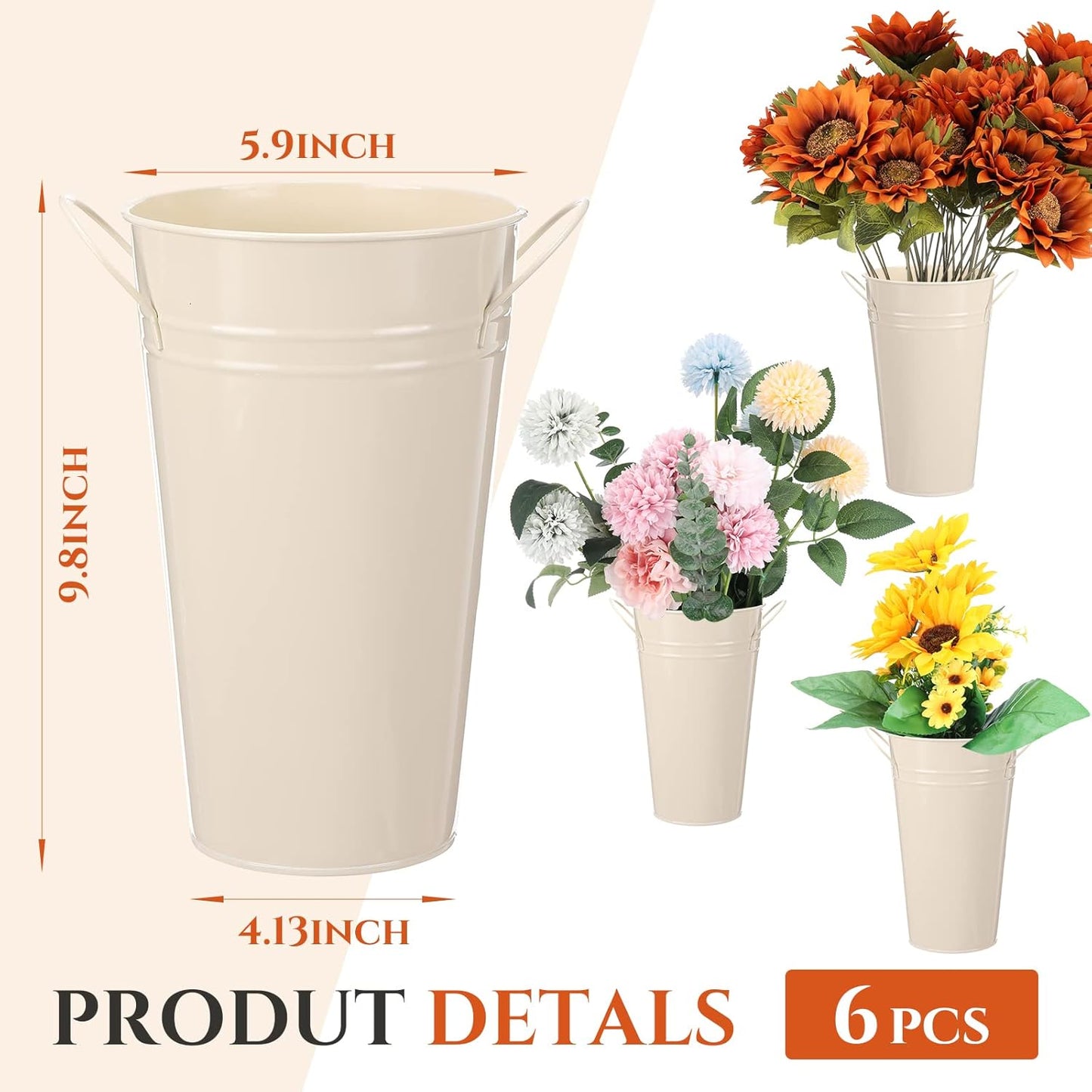 Chumia 6 Pcs Buckets Bulk Cut Flower Bar Supplies Wedding Party Centerpiece Galvanized Vase Metal Bloom Bridal Bouquet Pail with Handle French Farmhouse Rustic Floral Arrangement(White,9.8 Inch)