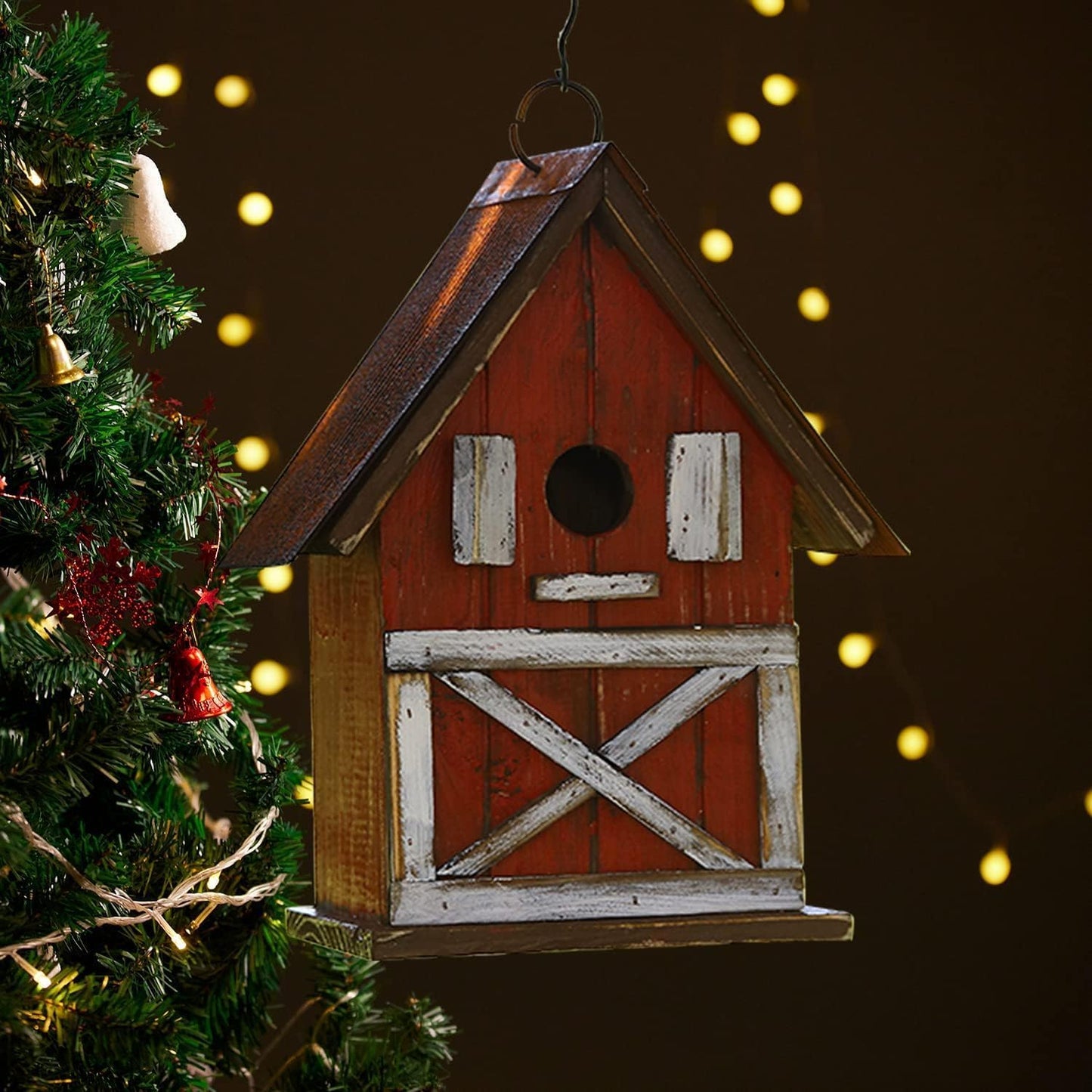 Topadorn Birdhouse, 10.5" H Hanging Wooden Garden Bird House for Outside, Unique for Bird Lovers, Outdoor Holiday Garden Decor for Blue Bird, Cardinals, Sparrow, Chickadee