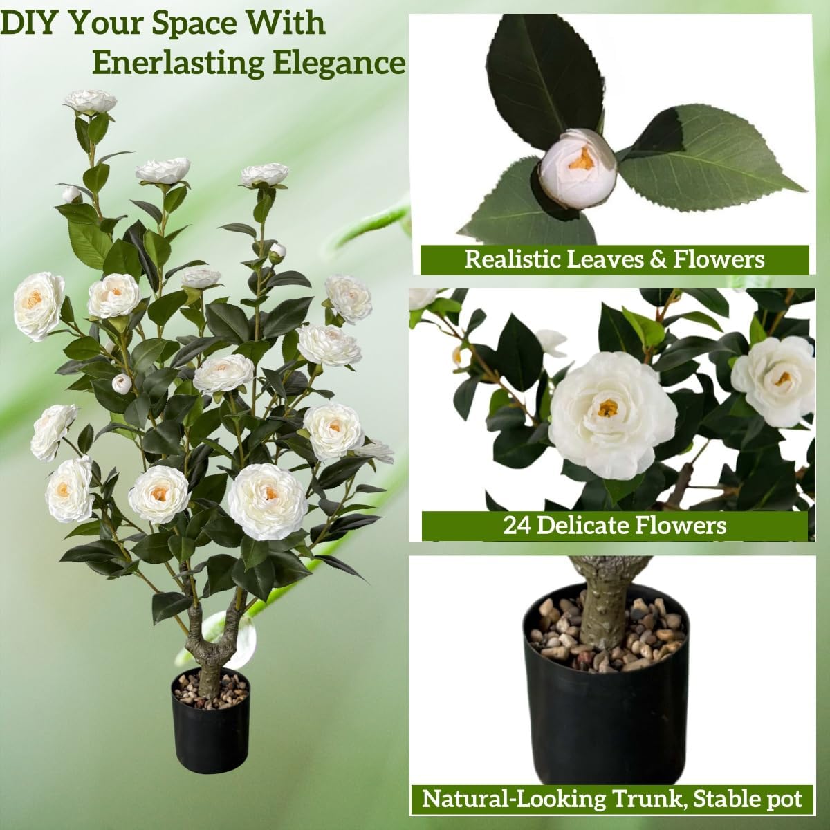 2pcs Artificial Camellia Tree 38 inch, Faux Plants Outdoor Artificial Flowers, White Tree with Planter Pot & 24 Flowers, for Home Indoor or Outdoor Decor