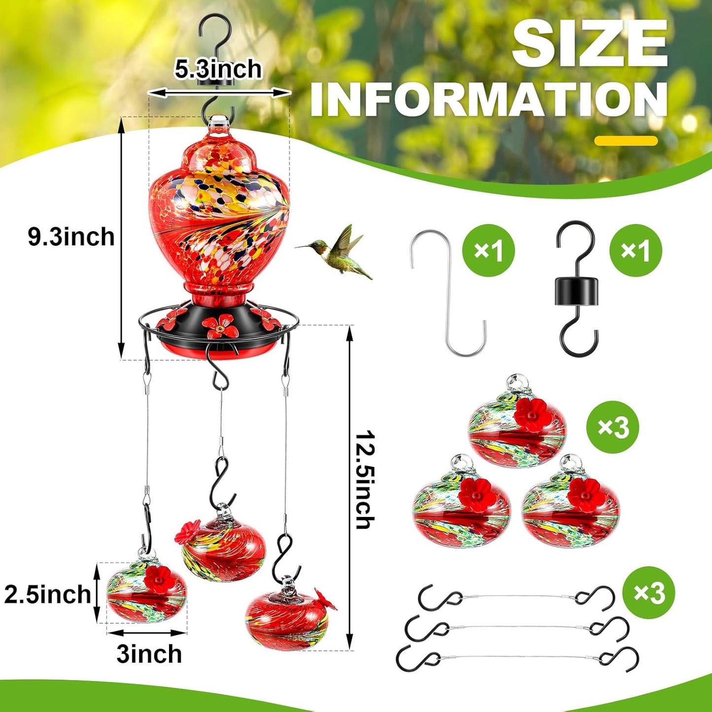 Wind Chimes Hummingbird Feeder Glass Hummingbird Feeder Spring Summer Outdoor Hanging Decor Valentine Mother's Day Gifts Outside Garden Decor for Patio Window Accessories