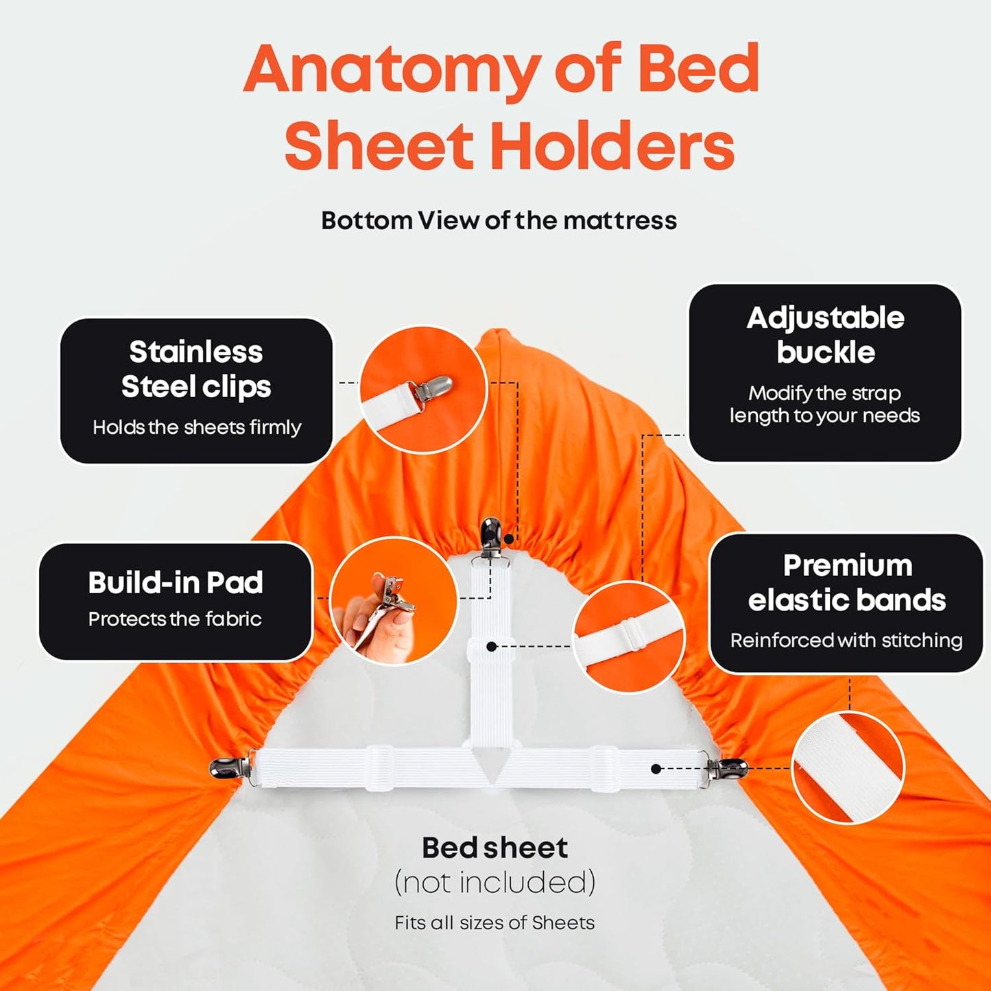5 STARS UNITED Bed Sheet Straps Set | Easy to Use Adjustable Elastic Fasteners with Metal Clips | Sheet Holders for Corners | Fitted Sheet Clips to Hold Sheets in Place | (4 Pcs White)