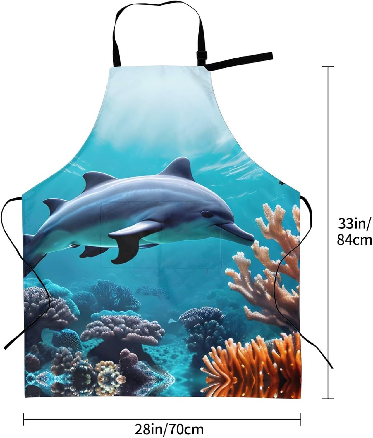 Beautiful Underwater World Dolphins Coral Print 28x33 In Adult Kitchen Apron with Pockets Versatile Chef Smock for Cooking Baking
