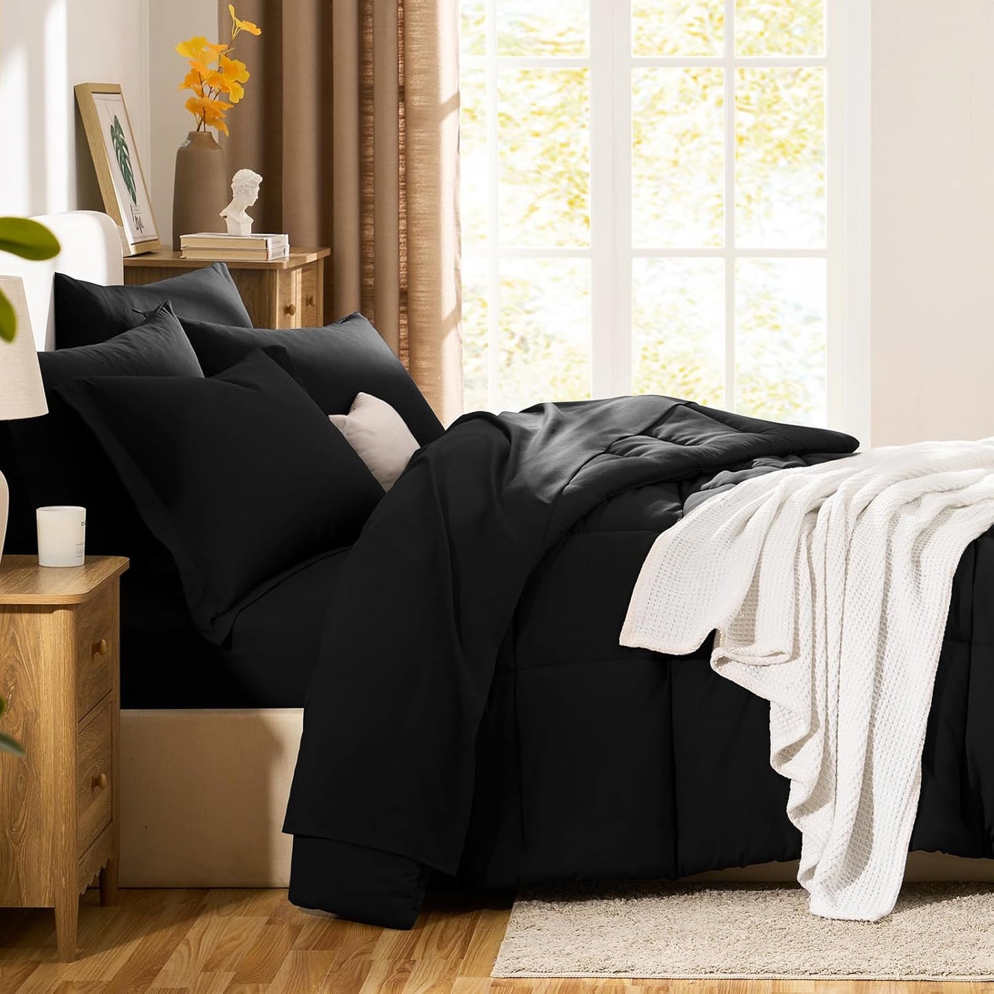 CozyLux Queen Comforter Set Black - 7 Pieces Bed in a Bag Queen, All Season Soft Bedding Set, Oeko-Tex Certified Bed Set with Down Alternative Comforter, Sheets, Pillowcases & Pillow Shams